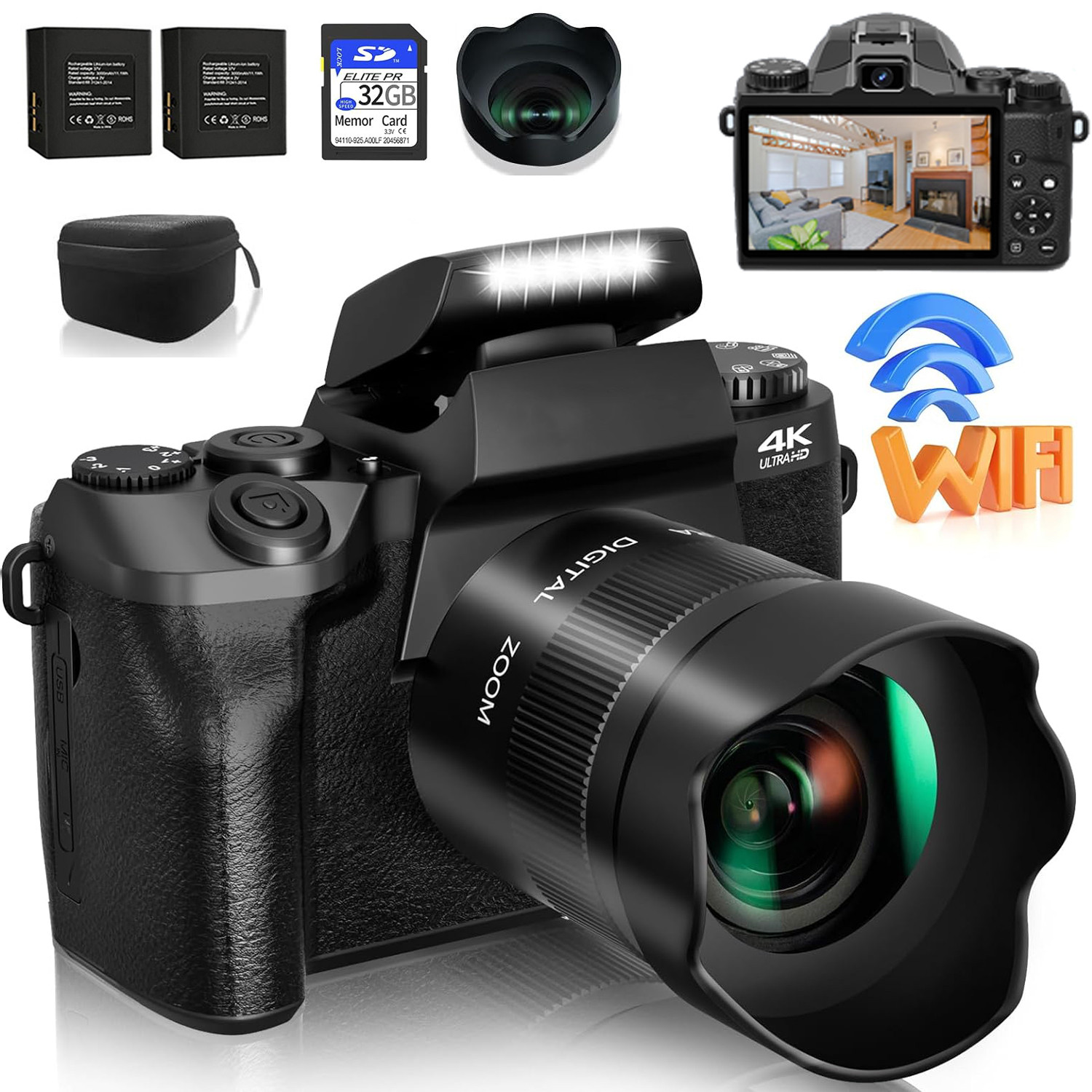 Webcam 4K - كاميرا رقمية 64 ميجابكسل SLR DSLR